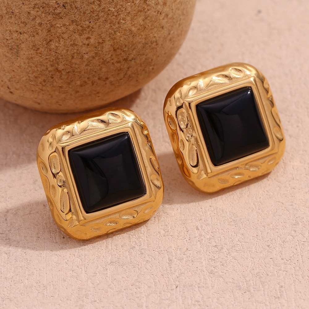 18K Gold Plated Vintage Earrings*Chunky Square Earrings*Black Onyx Earrings